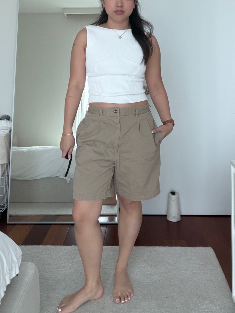 High-Waist Khaki Utility Shorts - Beige